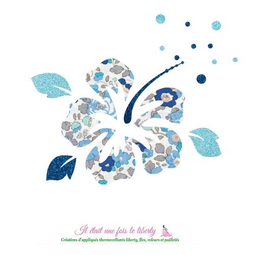 Appliqués thermocollants grosse fleur d'hibiscus tissu liberty betsy bleu centaurée et flex pailleté patch à repasser