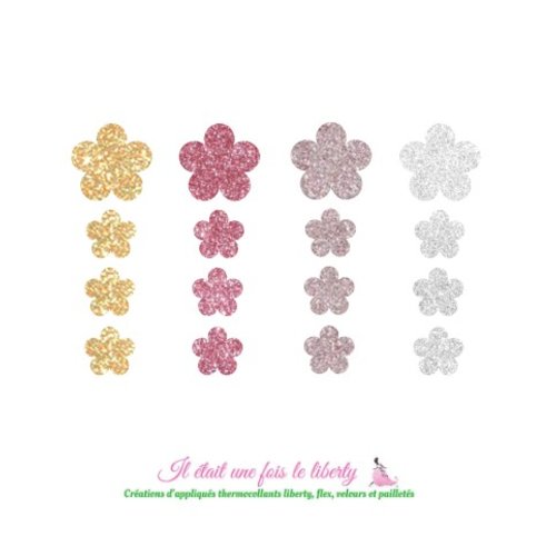 Appliqués thermocollants 16 fleurs tissu pailleté (coloris au choix) patch à repasser fleurs paillettes