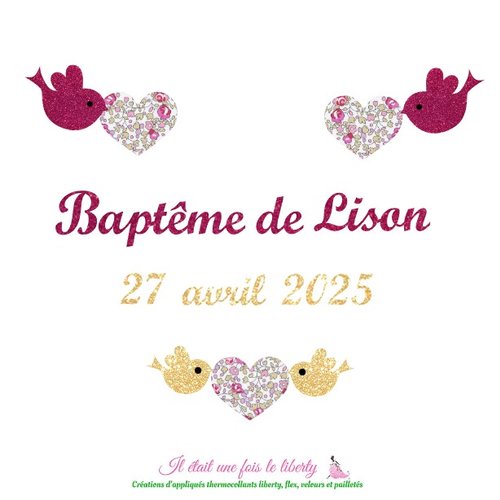 Appliqués thermocollants baptême, communion, prénom et dates personnalisés en tissus liberty et flex pailletés
