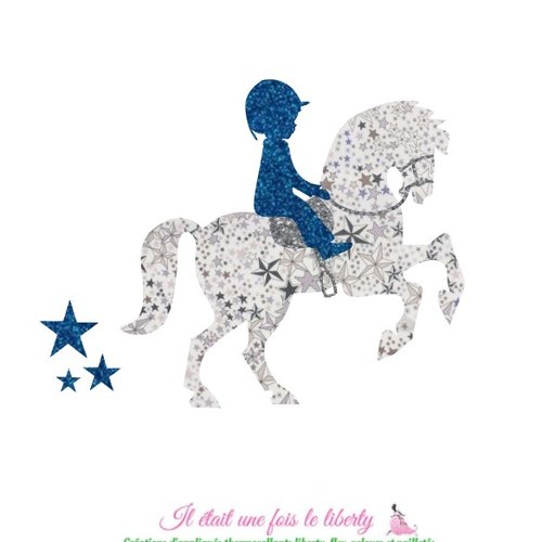 Appliqués thermocollants petit garçon sur son cheval le petit cavalier tissu liberty adelajda gris flex pailleté