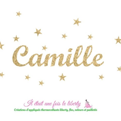 Appliqué thermocollant prénom personnalisable de 7 lettres t.1-2 cm (ex : camille) en tissu pailleté (coloris au choix)