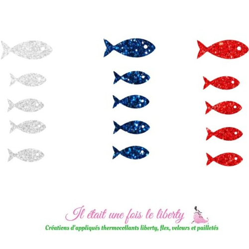 Appliqués thermocollants 15 poissons en friture en flex pailleté gris, argent et rouge (coloris au choix)