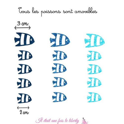Appliqués thermocollants 15 poissons tropicaux en friture en flex pailleté bleus (coloris au choix)