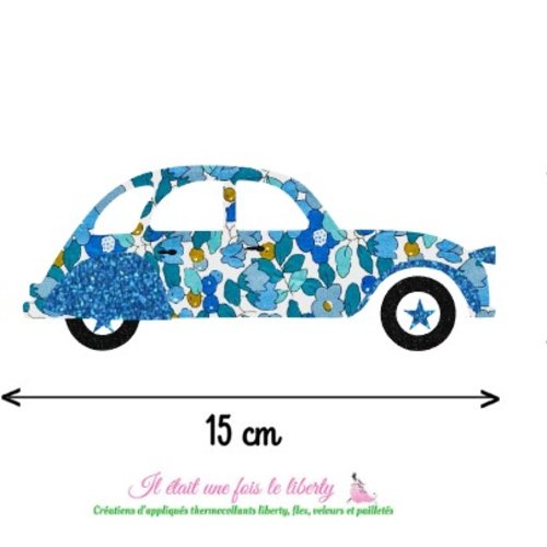 Appliqués thermocollants voiture dodoche 2 chevaux vintage en tissu liberty betsy berry bleu et flex pailleté