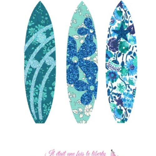 Appliqués thermocollants 3 planches de surf indépendantes en tissus liberty capel, kaylie sunshine et flex pailletés