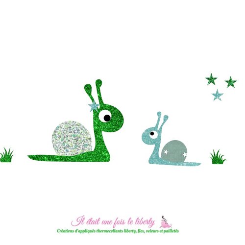 Appliqué thermocollant escargot coquet et son bébé en tissu liberty newland vert et flex pailleté
