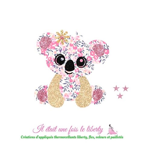 Appliqués thermocollants koala en tissu liberty wiltshire corail et flex pailleté patch à repasser, sans couture