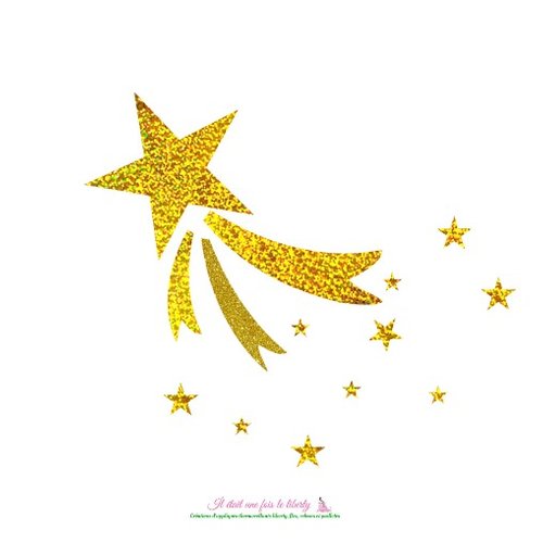 Appliqués thermocollants étoile filante en flex holographoqie doré et flex pailleté jaune