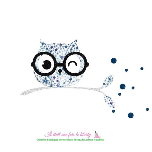 Appliqués thermocollants hibou bébé à lunettes en tissu liberty adelajda bleu et flex pailleté argent