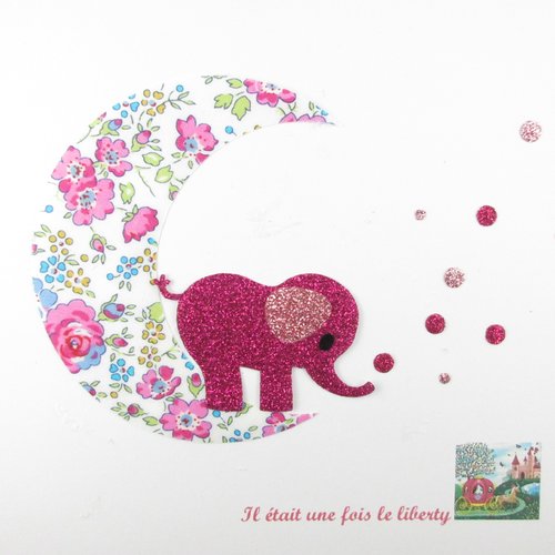 Appliqués thermocollants bébé éléphant sur une lune en tissu liberty félicité rose et  flex pailleté patch à repasser