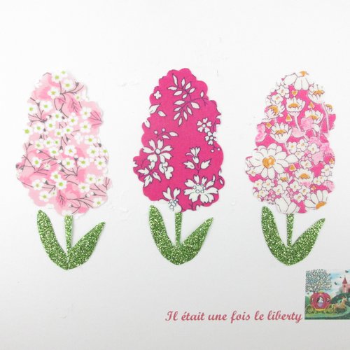 Appliqués thermocollants jacinthes, 3 fleurs de printemps, en tissus liberty roses et flex pailleté