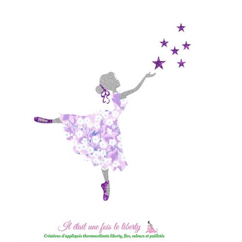 Appliqués thermocollants danseuse ballerine en liberty mitsi lavande et flex pailleté violet