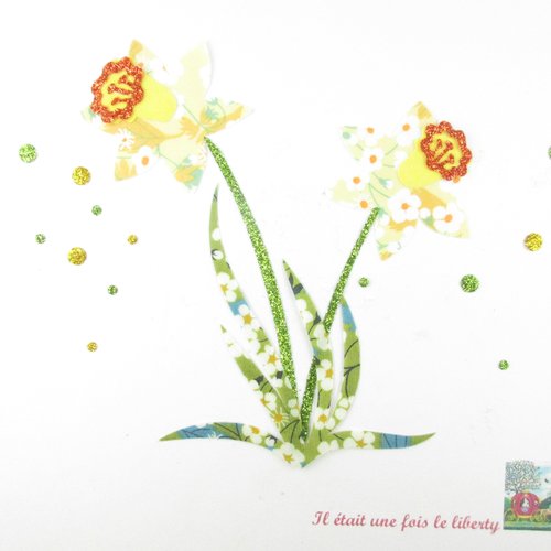 Appliqués thermocollants jonquilles, fleurs de printemps, en tissus liberty mitsi jaune et vert, et flex pailleté