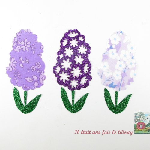 Appliqués thermocollants jacinthes, 3 fleurs de printemps, en tissus liberty mauve et flex pailleté violet