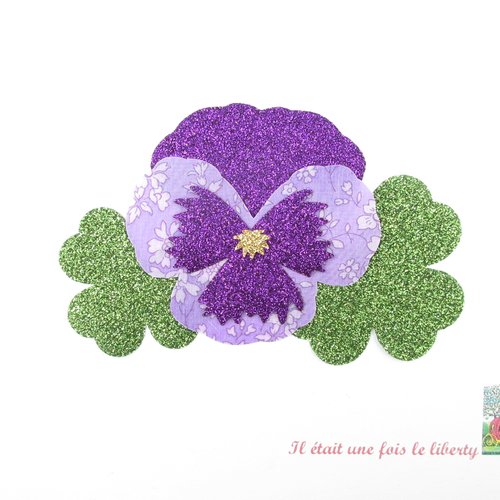 Appliqués thermocollants fleur pensée en tissu liberty capel mauve et flex pailleté violet