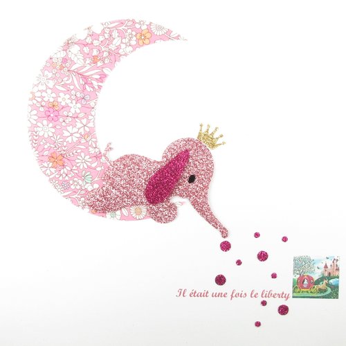 Appliqués thermocollants éléphant princesse couronnée en tissu liberty june meadow rose et tissu pailleté