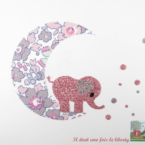 Appliqués thermocollants bébé éléphant sur une lune en tissu liberty bétsy rose et  flex pailleté patch à repasser