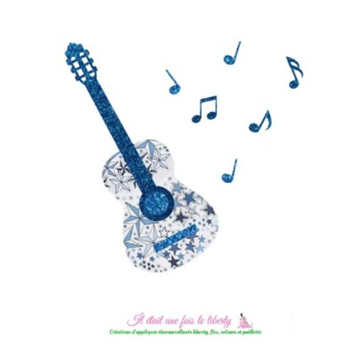 Appliqué thermocollant guitare en tissu liberty adelajda bleu et flex pailleté patch à repasser sans couture