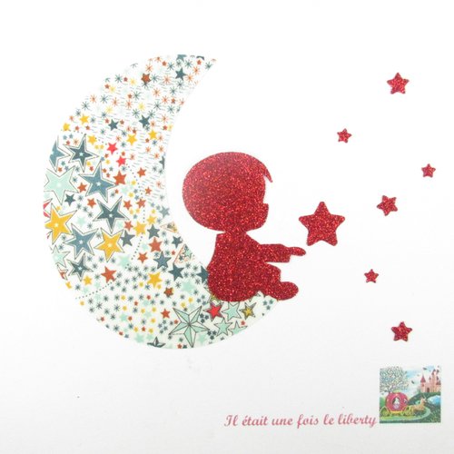 Appliqués thermocollants liberty petit garçon sur une lune  tissu adelajda multicolore et flex pailleté rouge