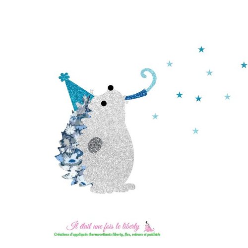 Appliqués thermocollants hérisson qui fait la fête en tissu liberty thorpe bleu, flex pailletés patch à repasser sans couture