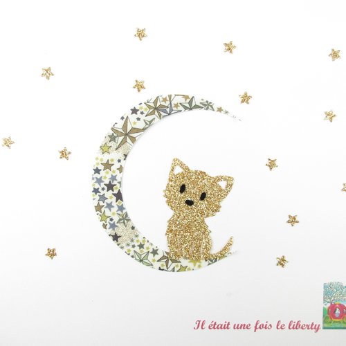 Appliqués thermocollants chat sur une lune en tissu liberty adelajda brun flex pailleté (idéal pour petits textiles, carnets de santé