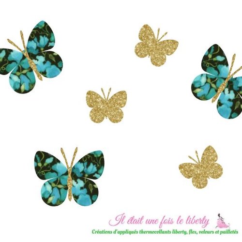 Appliqués thermocollants papillons tissu liberty victoria virginia bleu fond noir et flex pailleté patch à repasser
