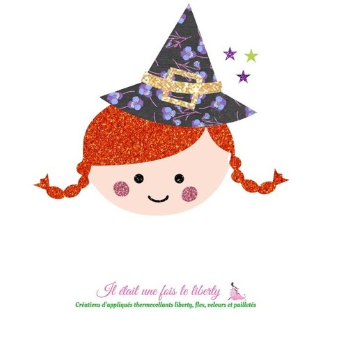 Appliqué thermocollant petite fille sorcière, halloween, réalisée en tissu liberty ros purple, flex pailletés patch à repasser
