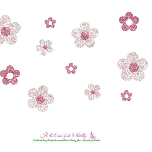 Appliqués thermocollants 11 fleurs en tissu liberty ffion rose flex pailleté patch à repasser