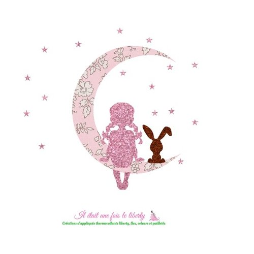 Appliqués thermocollants petite fille au clair de lune et lapin doudou en tissu liberty  capel rose et flex pailleté