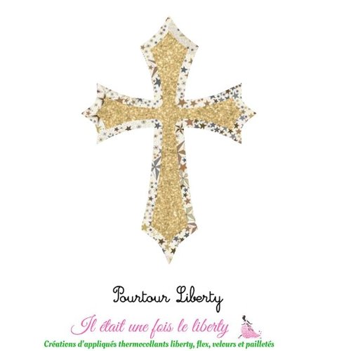 Appliqués thermocollants croix communion baptême médiévale liberty adelajda brun flex pailleté patch à repasser