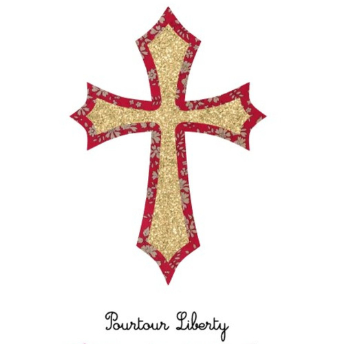 Appliqués thermocollants croix médiévale baptême communion tissu liberty capel rouge et flex pailleté doré