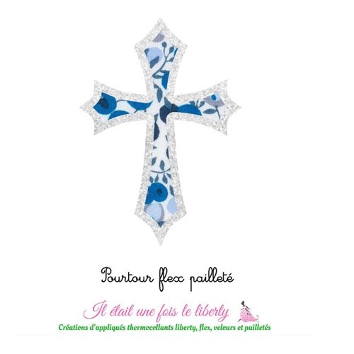Appliqués thermocollants croix communion baptême tissu liberty wiltshire bleu flex pailleté patch à repasser motif sans couture écusson