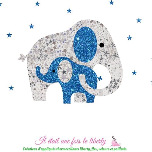 Appliqués thermocollants liberty maman éléphant et bébé en tissu liberty adelajda gris et flex pailleté bleu
