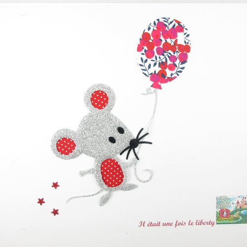 Appliqué thermocollant souris souleve par un ballon tissu liberty wiltshire rouge flex pailleté patch à repasser