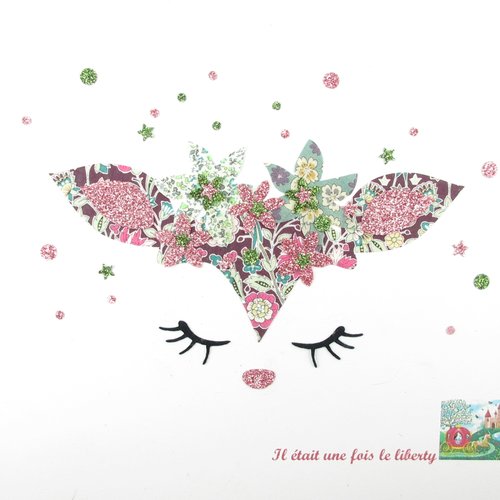 Appliqué thermocollant tête de faon fleuri, bambi, petit cerf, tissu liberty palmera rose pâle flex pailleté