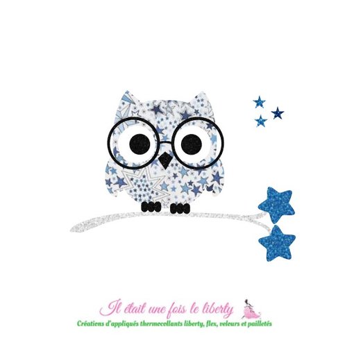 Appliqués thermocollants hibou chouette à lunettes en tissu liberty adelajda bleu et flex pailleté