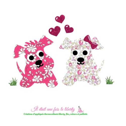 Appliqués thermocollants liberty chiens en tissus liberty capel fuchsia et eloïse rose, flex pailleté