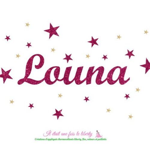 T.4 - 5 cm pour la majuscule appliqué thermocollant prénom personnalisable de 5 lettres (louna, ex. proposé) en flex pailletés
