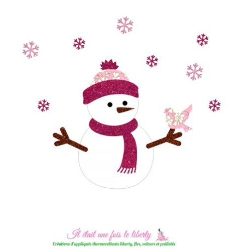 Appliqué thermocollant bonhomme de neige en velours blanc, flex pailletés patch et tissu liberty, à repasser