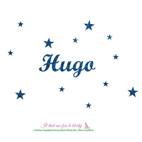 Appliqué thermocollant prénom personnalisable de 4 lettres t.1-2 cm (hugo, ex.) en tissus pailletés (coloris au choix)