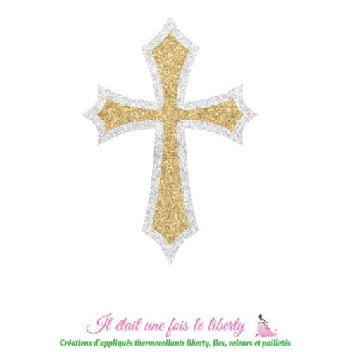 Appliqués thermocollants croix communion médiévale flex pailleté argent et doré, coloris au choix, patch à repasser