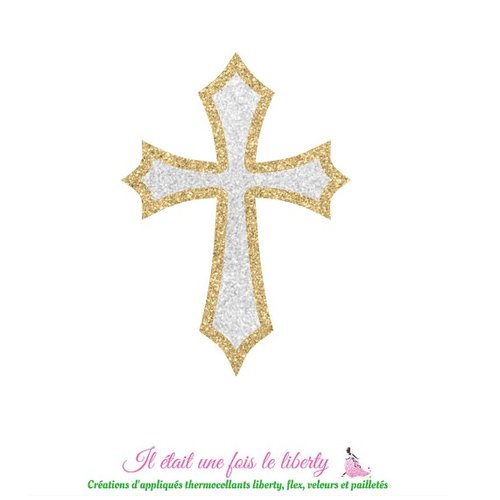 Appliqués thermocollants croix communion médiévale flex pailleté argent et doré, coloris au choix, patch à repasser