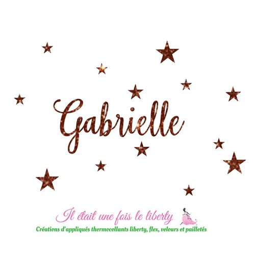 Prénom thermocollant personnalisable de 9 lettres (gabrielle, ex.) hauteur de la majuscule 3 cm, en flex pailleté (coloris au choix)