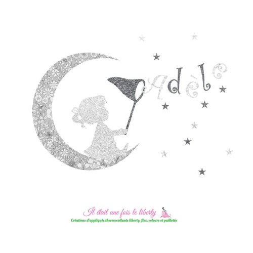 Appliqués thermocollants liberty petite fille,lune, prénom personnalisable (adèle) en tissu liberty june meadow gris, flex pailletés