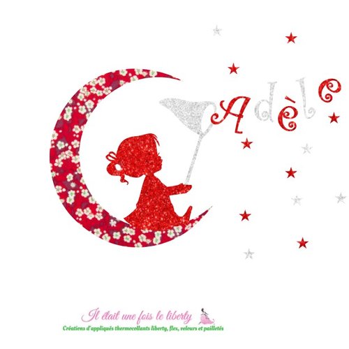 Appliqués thermocollants liberty petite fille, lune,prénom personnalisable (adèle) en tissu liberty mitsi valeria flex paillet�