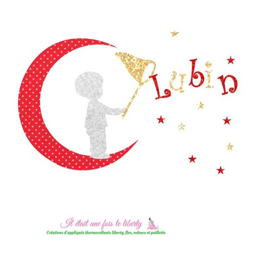 Appliqués thermocollants petit garçon qui pêche son prénom sur 1 lune en tissu rouge à pois, flex pailletés