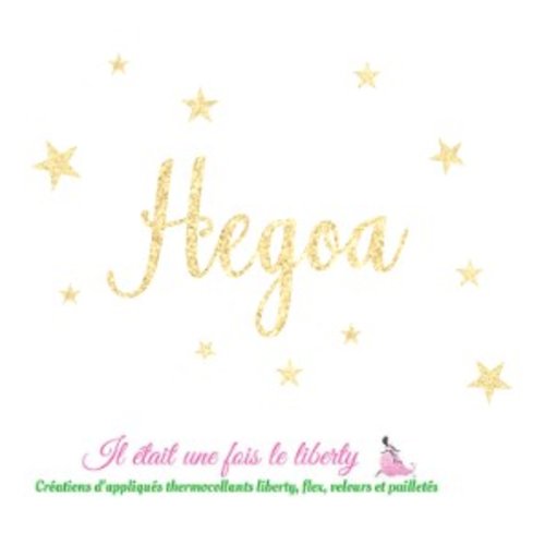 Appliqué thermocollant prénom personnalisable de 5 lettres (hegoa, ex. proposé) en flex pailleté doré (coloris au choix)