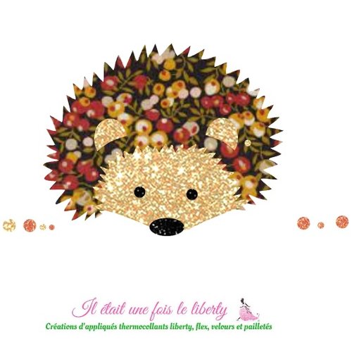 Appliqués thermocollants hérisson de face en tissu liberty wiltshire automne flex pailleté doré, patch, application à repasser