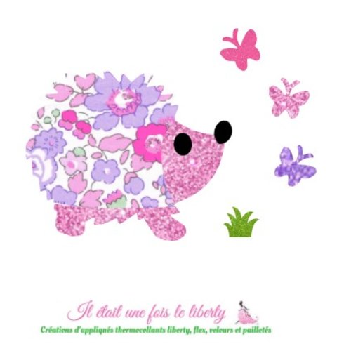 Appliqué thermocollant hérisson en tissu liberty betsy fluo et flex pailleté, écusson liberty patch à repasser