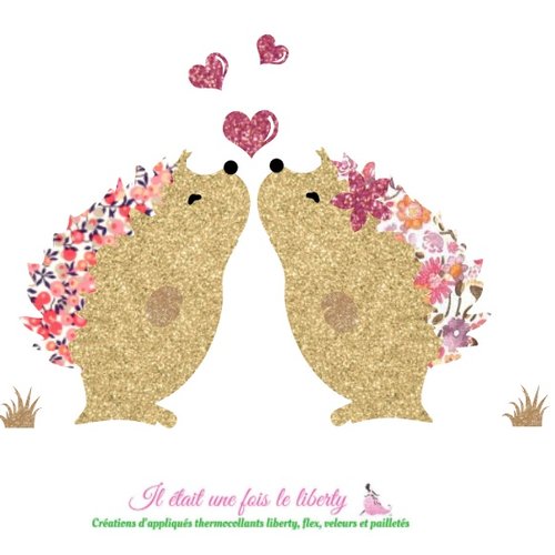 Appliqué thermocollant hérissons amoureux en liberty wiltshire et capel corail et flex pailleté